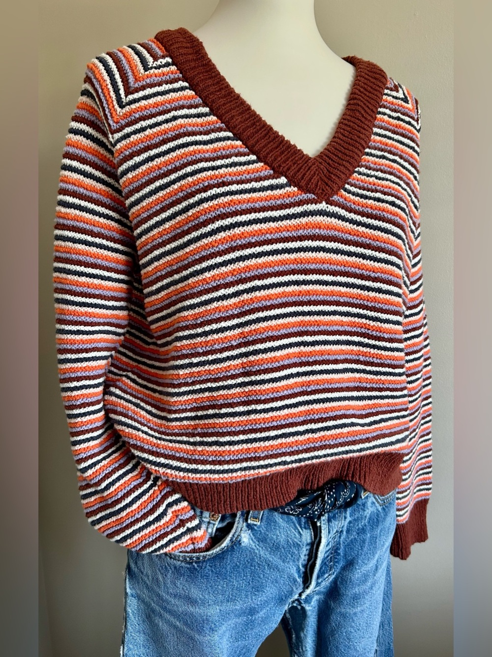 Madewell “Arden” Cotton V-Neck Striped Pullover